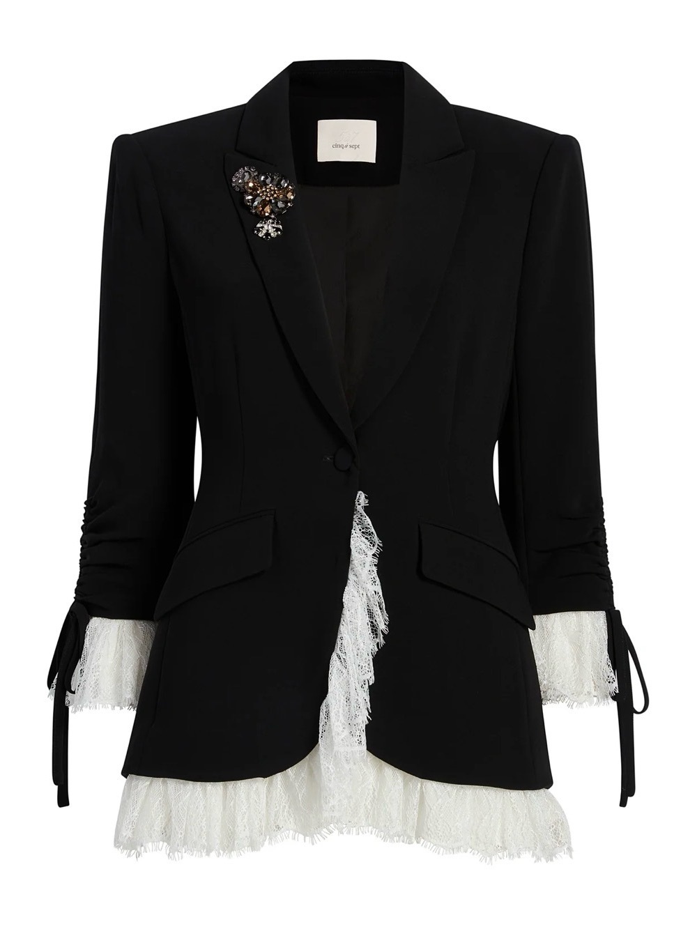 Cinq à Sept Roxie Blazer 2 Black Lace Crystal Brooch Tuxedo Jacket $695